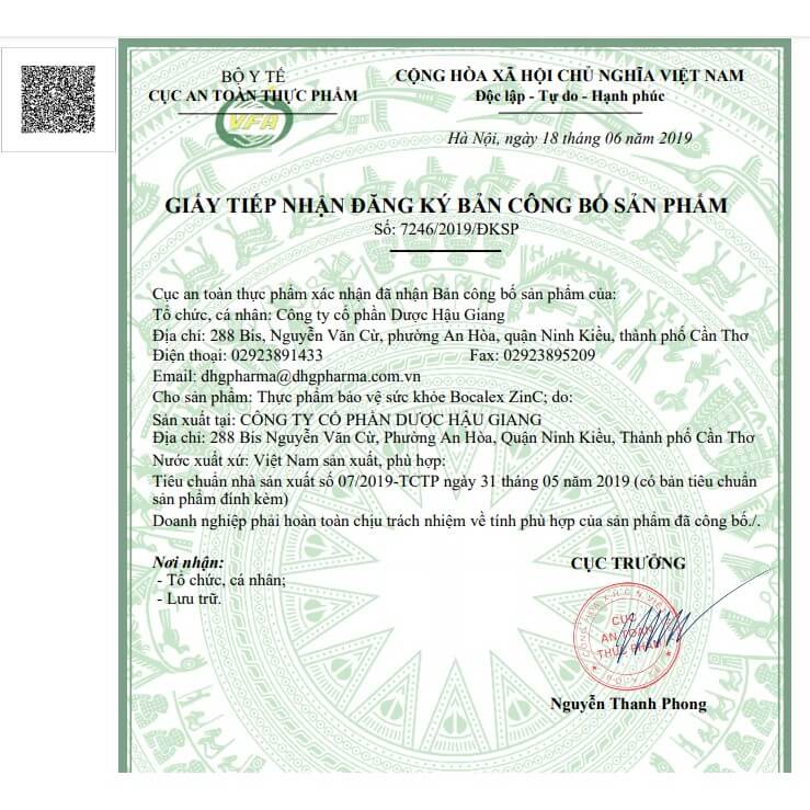 Giấy tiếp nhận đăng ký bản công bố sản phẩm
