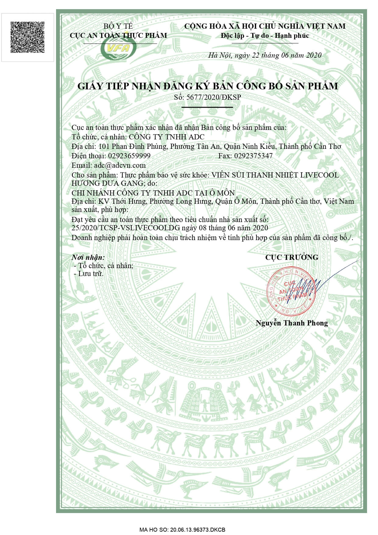 Giấy tiếp nhận đăng ký bản công bố sản phẩm Viên sủi Livecool