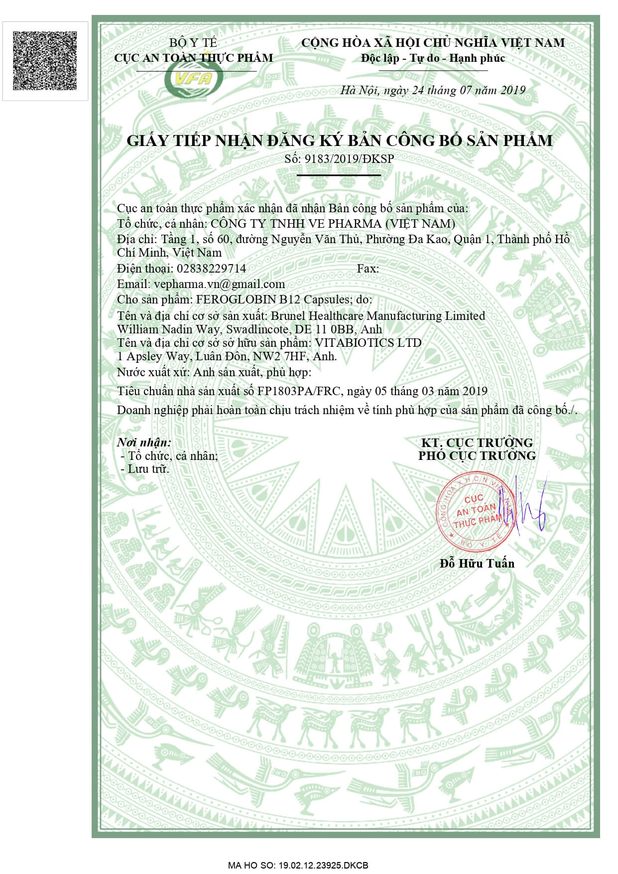 Giấy chứng nhận của Bộ Y tế về chất lượng sản phẩm viên uống bổ sắt Vitabiotics Feroglobin