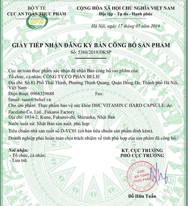 Giấy tiếp nhận đăng ký bản công bố DHC VITAMIN C HARD CAPSULE