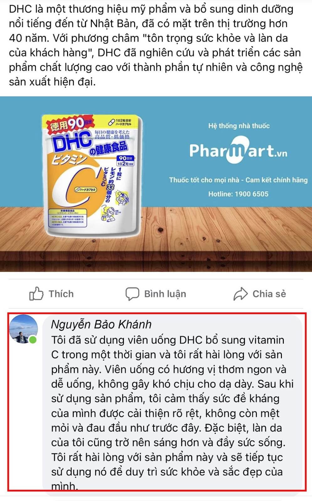 Phản hồi từ người dùng facebook khi tin dùng sản phẩm từ Pharmart.vn