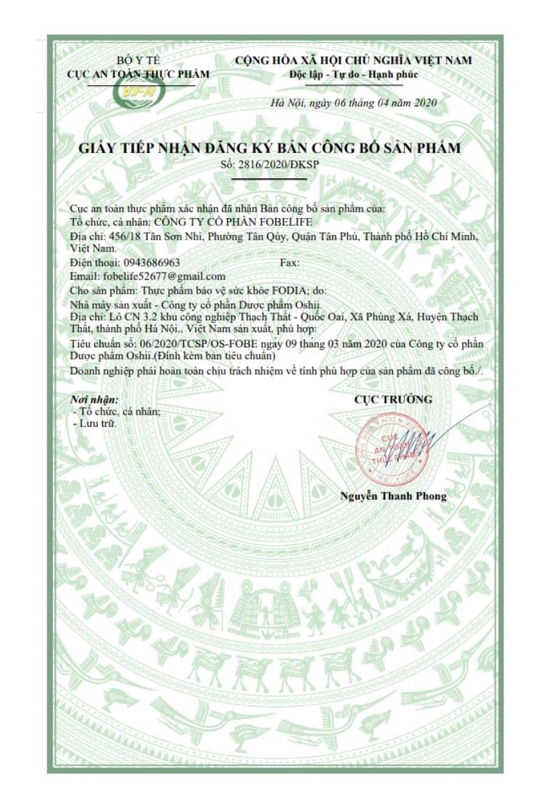 Bản công bố sản phẩm của FoDIA