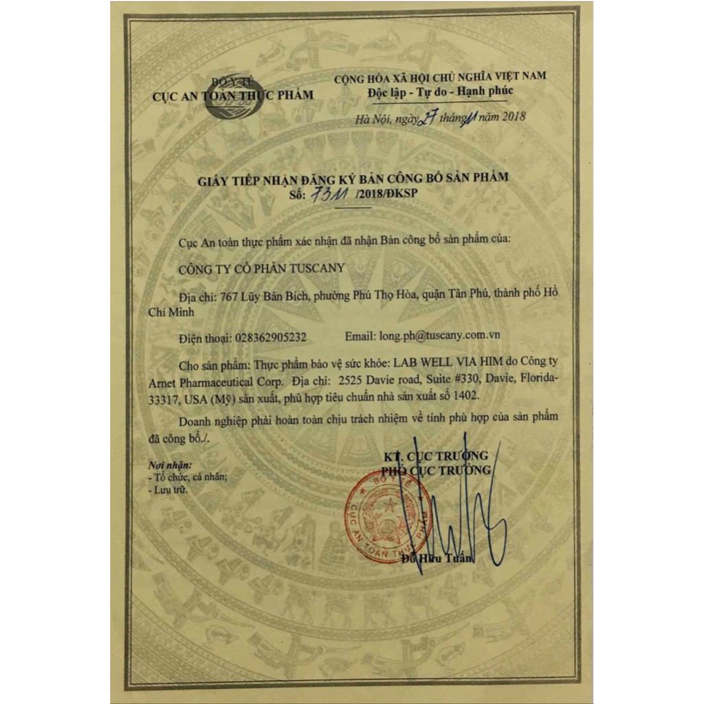 Giấy tiếp nhận đăng ký bản công bố sản phẩm của Bộ Y Tế