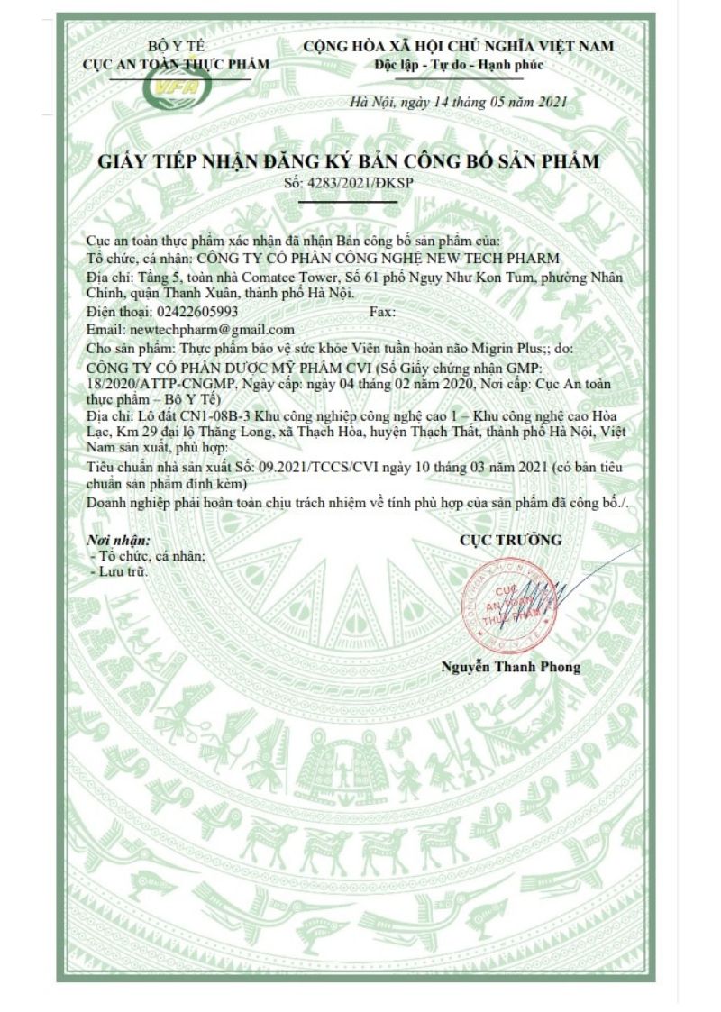 Bản công bố sản phẩm của Migrin Plus