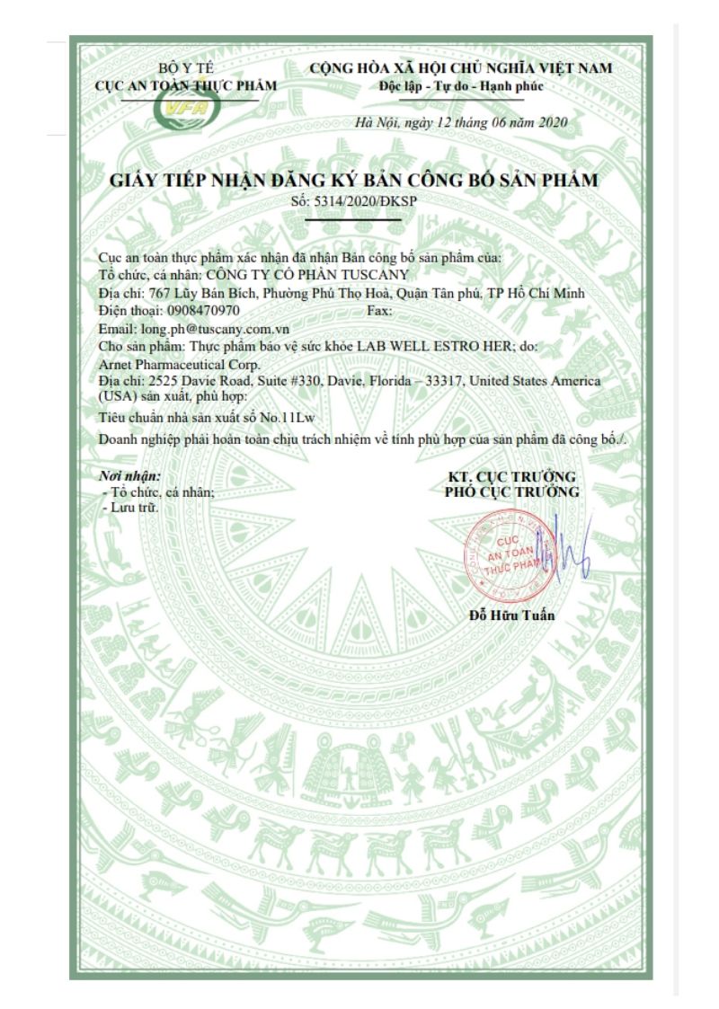 Bản công bố sản phẩm của Lab Well Estro Her