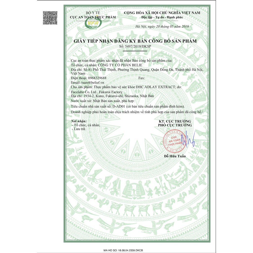 Giấy đăng ký công bố viên uống sáng da Adlay Extract