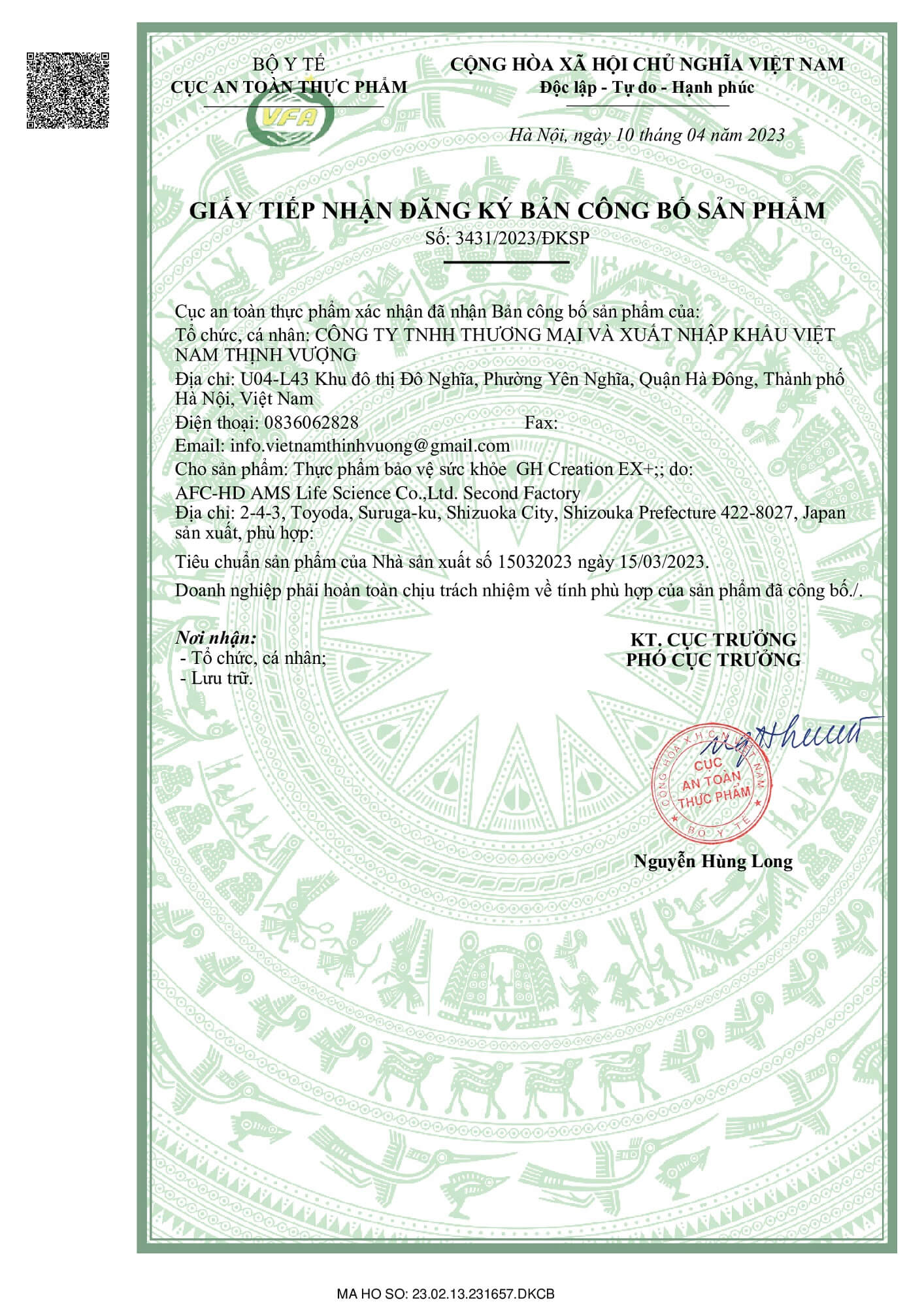 Bản công bố sản phẩm của GH-Creation