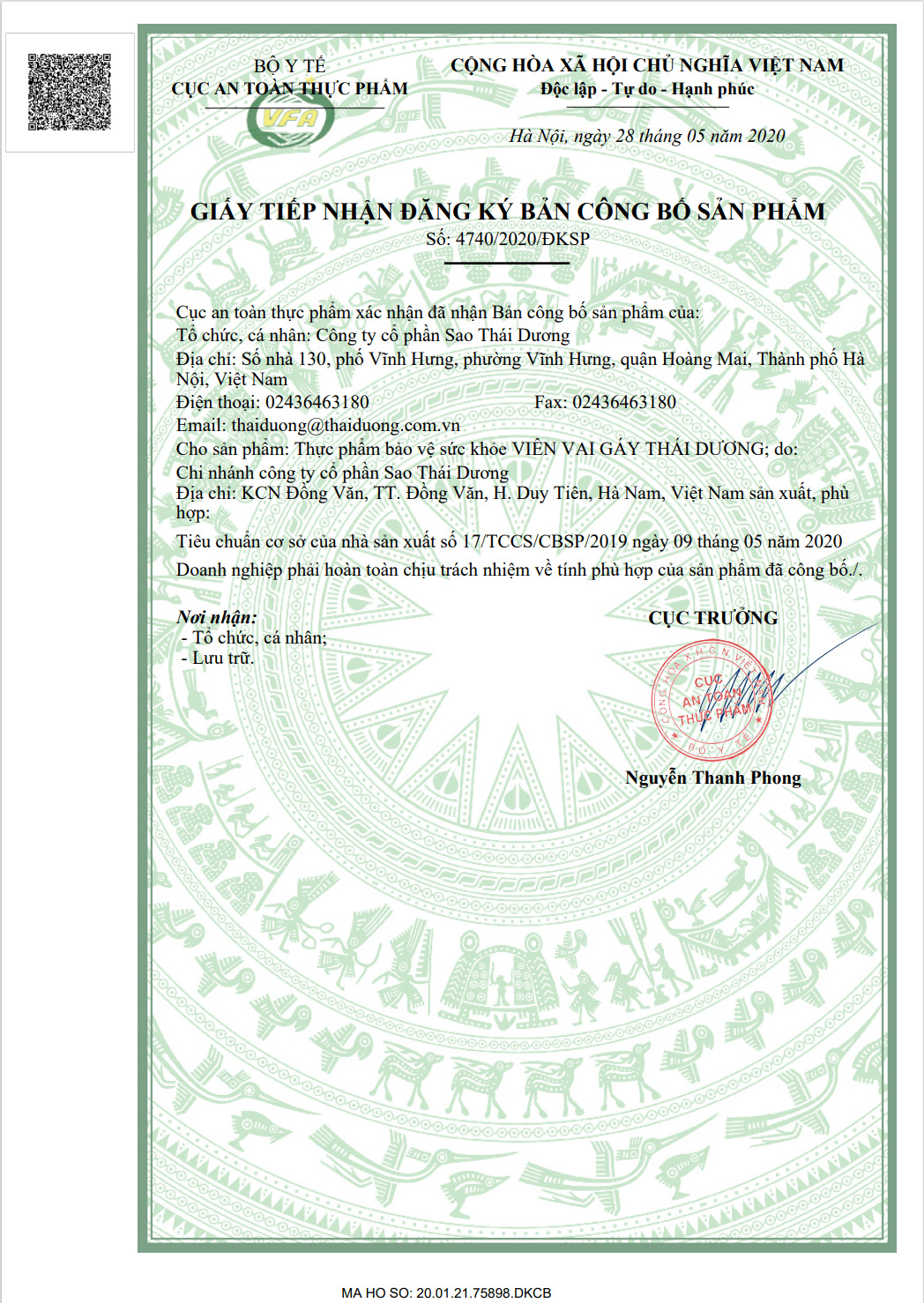 Giấy đăng ký công bố sản phẩm Viên vai gáy Thái Dương