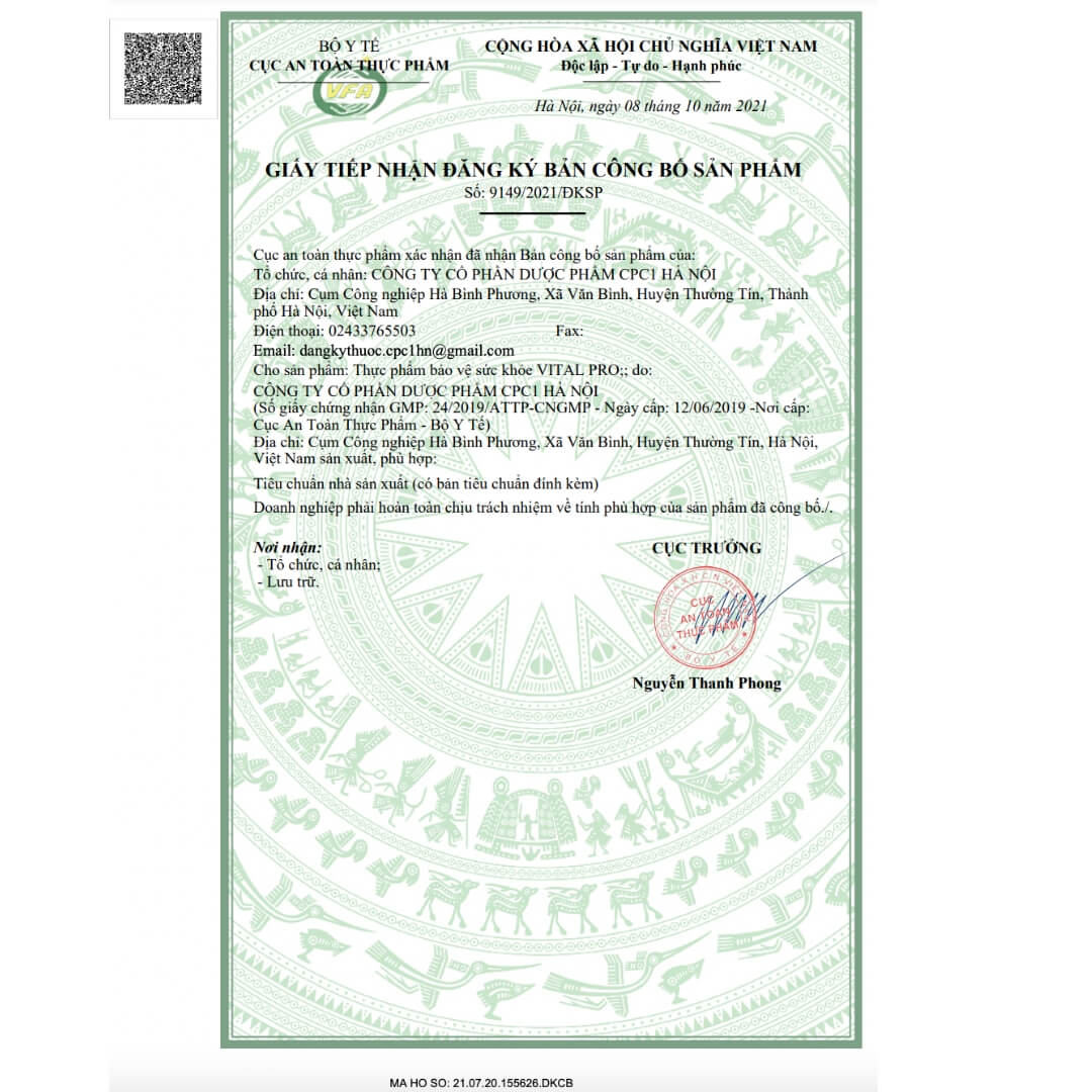 Giấy xác nhận công bố sản phẩm Vital pro bởi Bộ Y tế