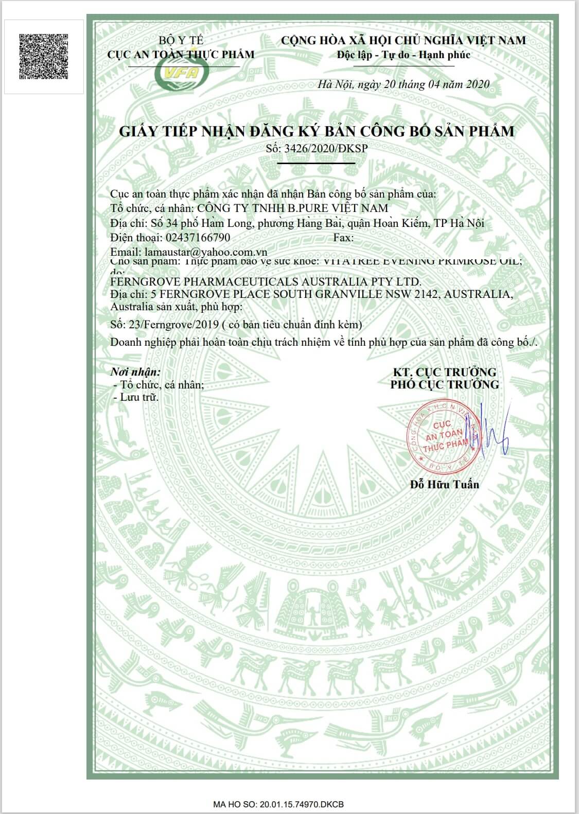 Giấy công bố sản phẩm Vitatree Evening Primrose Oil 