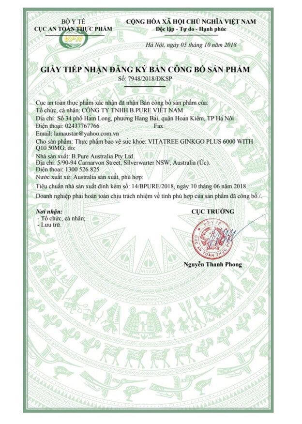 Giấy đăng ký công bố Vitatree Ginkgo Plus 6000mg