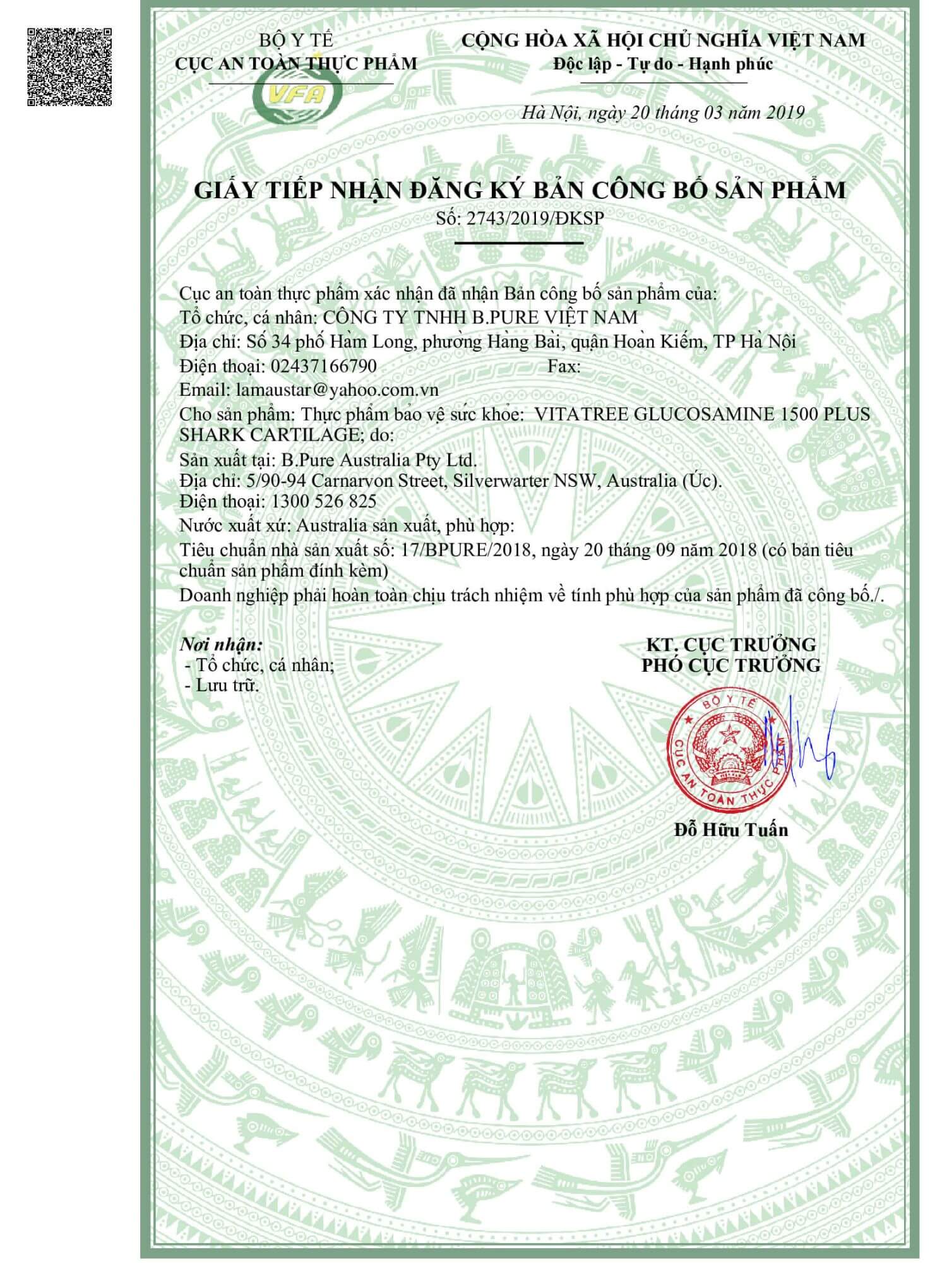 Bản công bố sản phẩm của Vitatree Glucosamin 1500mg Plus Shark Cartilage