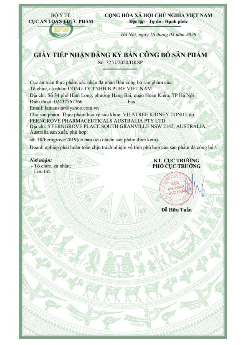 Giấy đăng ký công bố của Vitatree Kidney Tonic