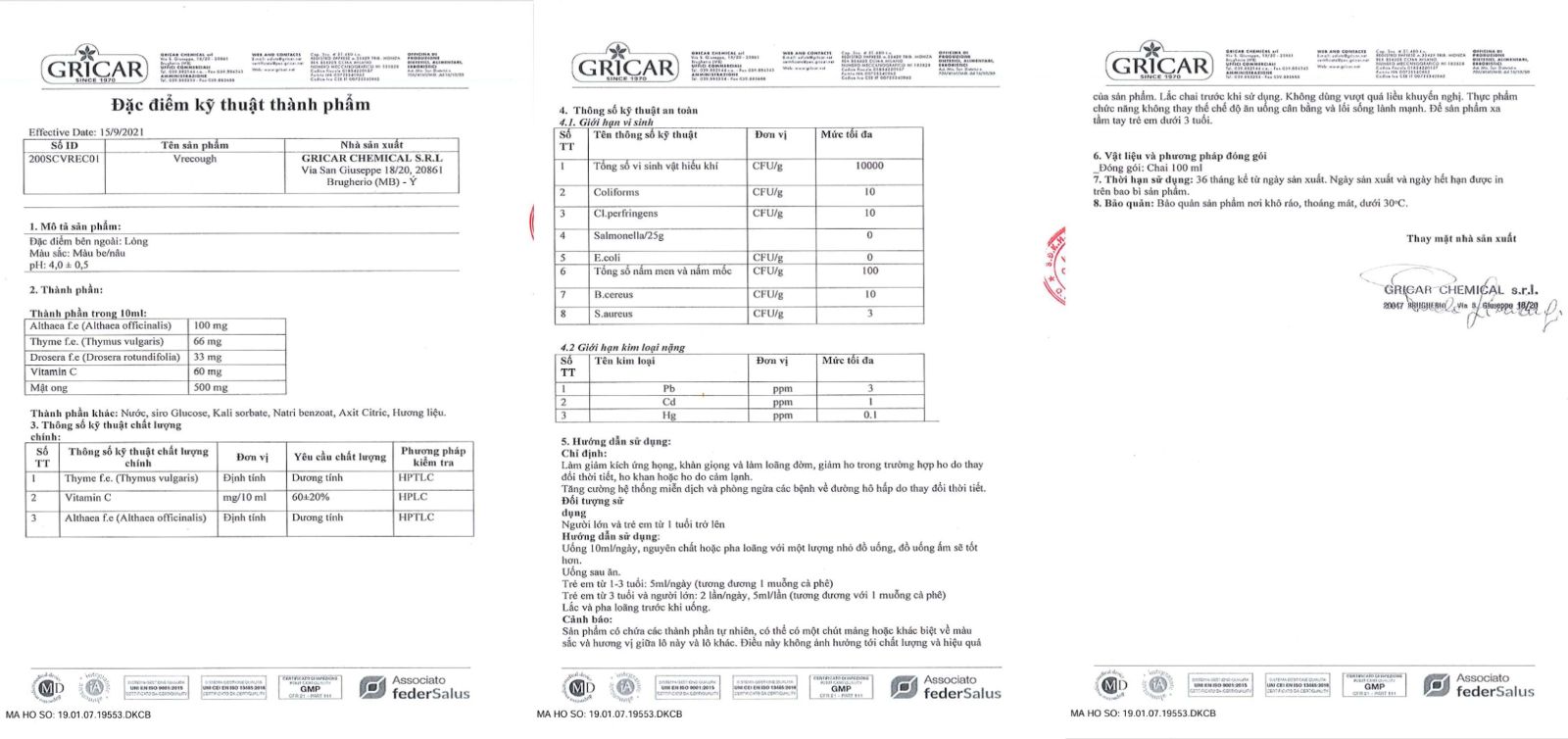 Bản dịch phiếu kiểm nghiệm sản phẩm Vrecough 