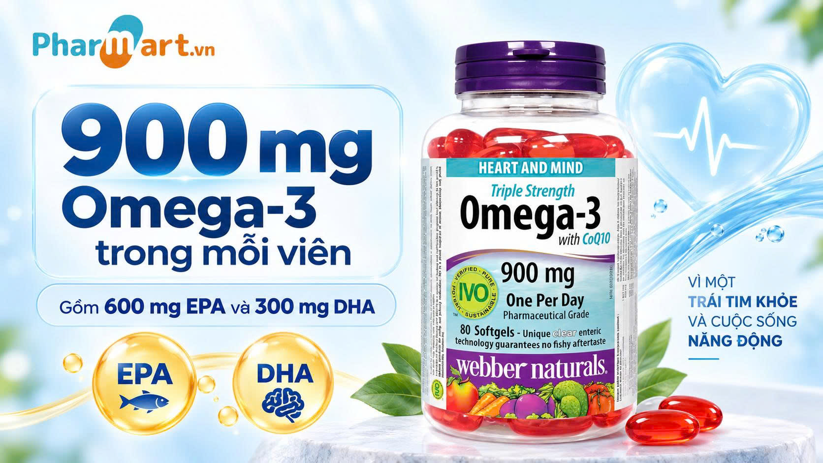Mỗi viên Webber Naturals Triple Strength Omega 3 + CoQ10 cung cấp 600mg EPA và 300mg DHA