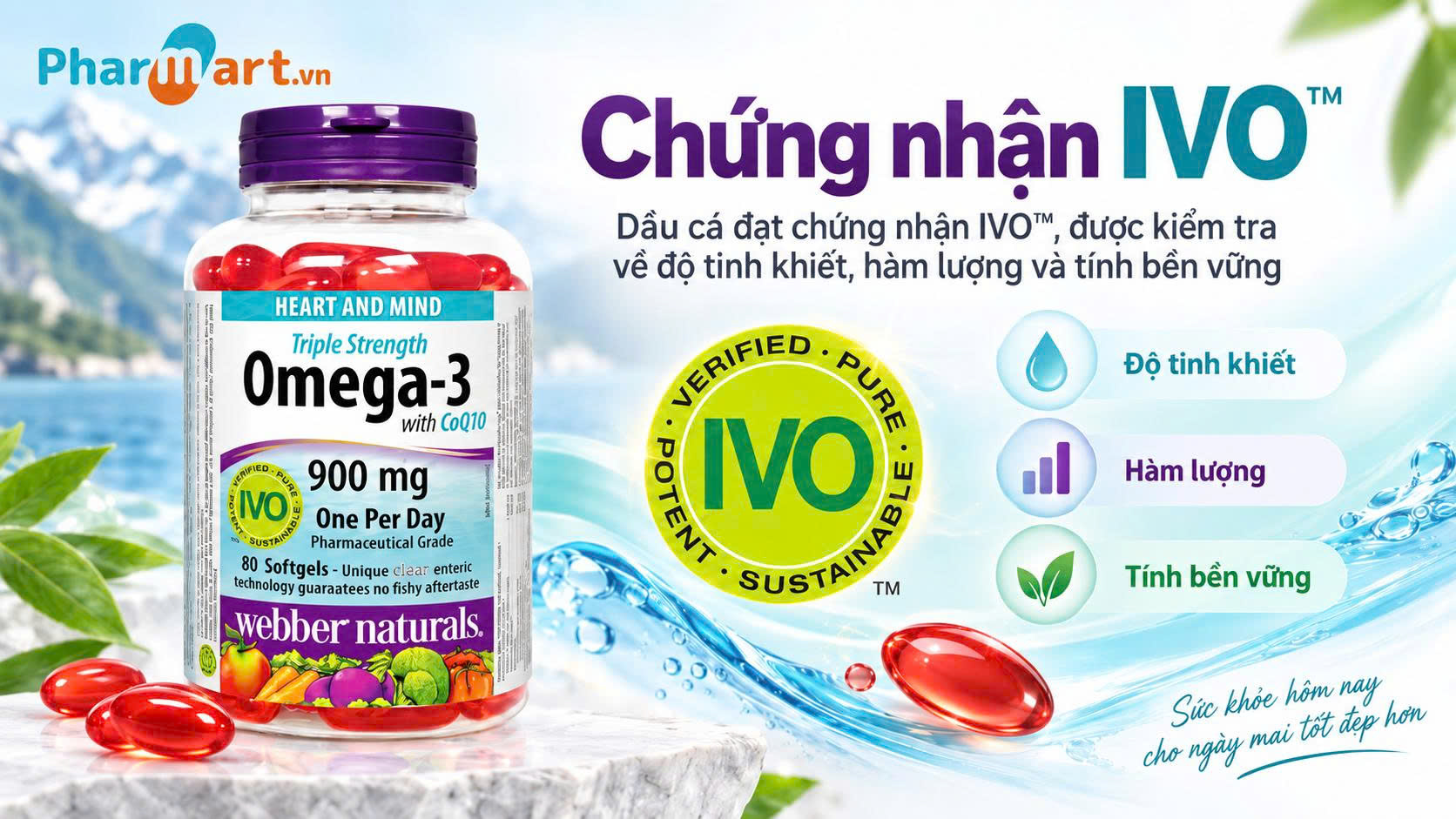 Webber Naturals Triple Strength Omega 3 + CoQ10 sử dụng nguồn dầu cá đạt chứng nhận IVO về độ tinh khiết, hàm lượng và tính bền vững