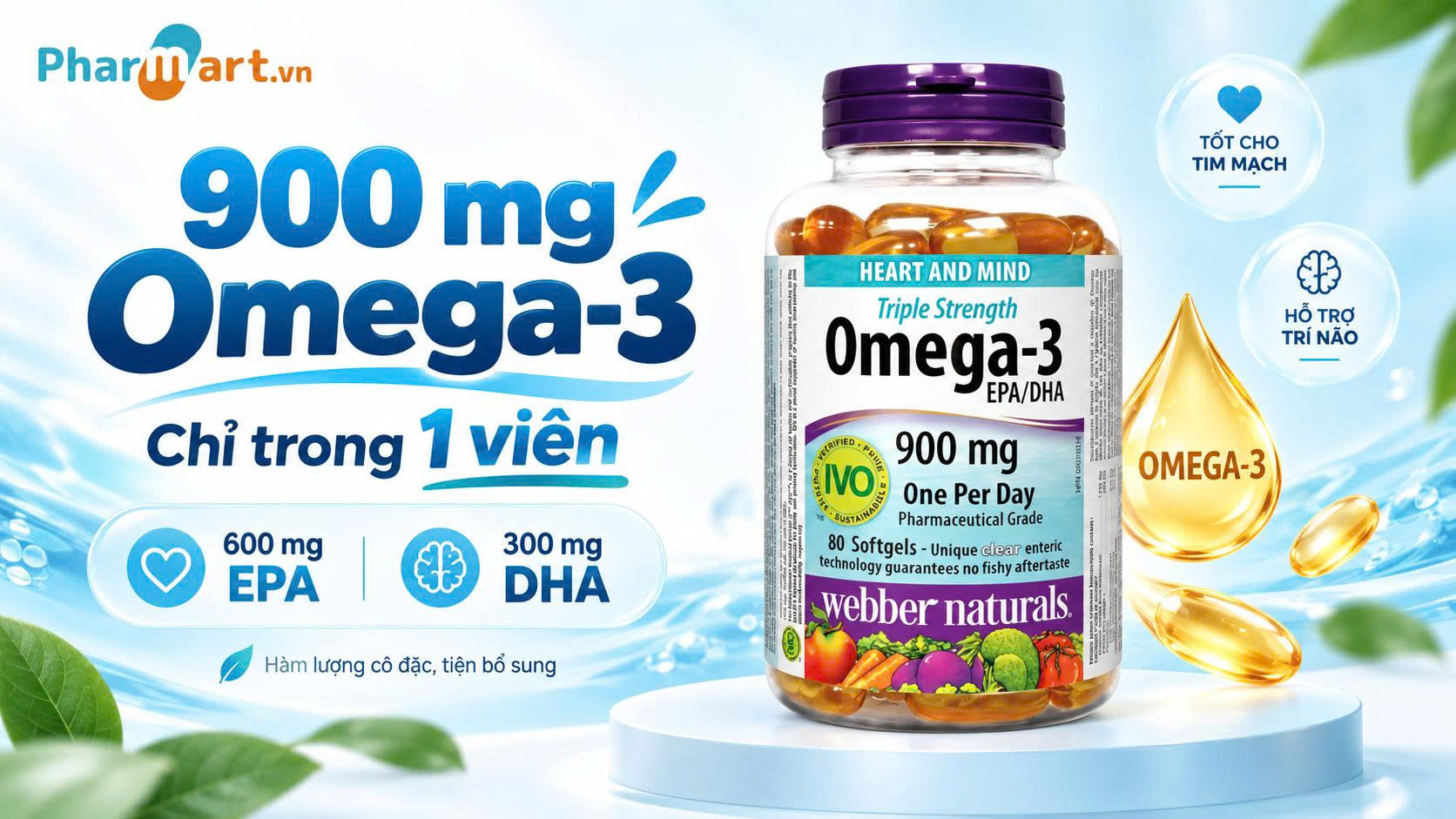 Mỗi vi&ecirc;n bổ sung 900mg Omega 3 cho cơ thể