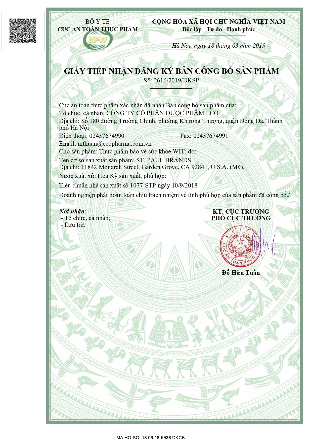 Giấy đăng ký công bố sản phẩm Wit